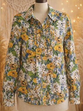 Sunset Rd. Floral Cotton Button-Up Shirt Top Blouse 8 Boho Cottagecore Tropical